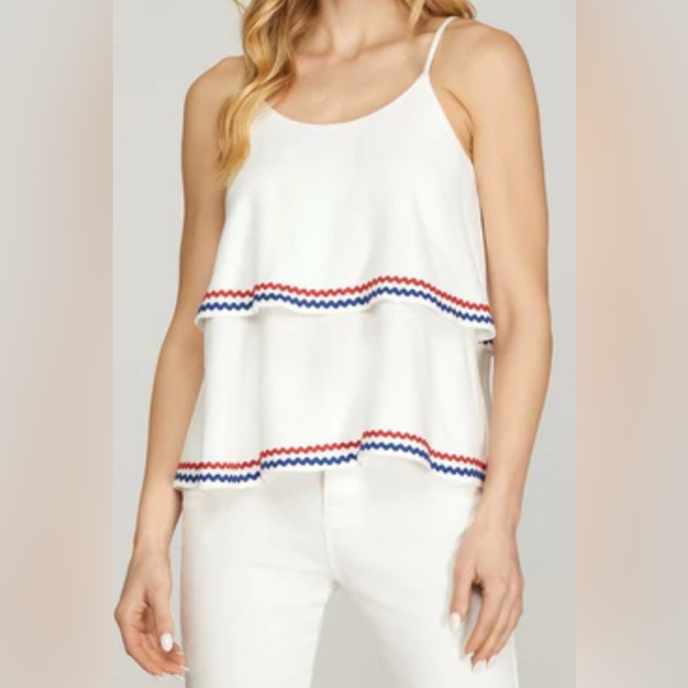 She + Sky White Tiered Tank Top with Red Accents